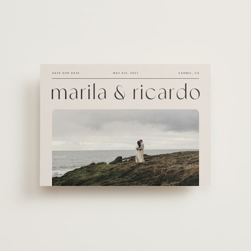 This is a linen save the date postcards with standard by Blustery August called nameplate printing on signature in postcard