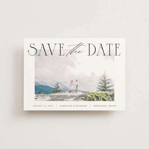 This is a onyx save the date postcards with standard by Pixel and Hank called daydreamer printing on signature in postcard