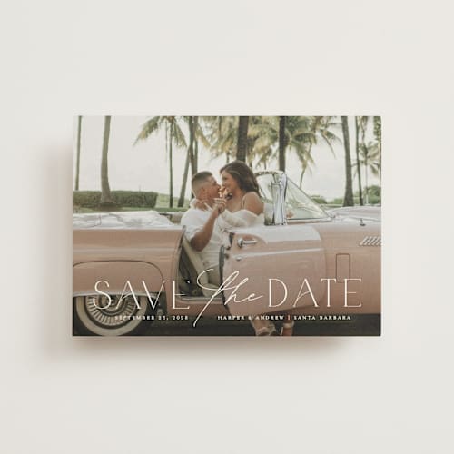 This is a snow save the date postcards with standard by Yaling Hou Suzuki called a fun ride printing on signature in postcard