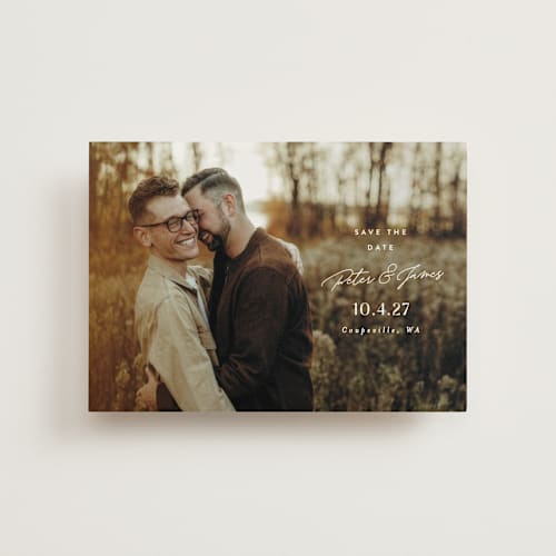 This is a snow save the date postcards with standard by Alethea and Ruth called side stack printing on signature in postcard