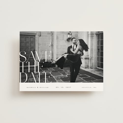 This is a pearl save the date postcards with standard by Ana de Sousa called editorial lettering printing on signature in postcard