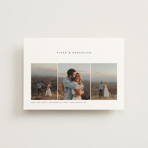 This is a linen save the date postcards with standard by Robert and Stella called trifold printing on signature in postcard