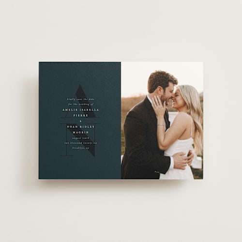 This is a midnight save the date postcards with standard by Up Up Creative called centro printing on signature in postcard