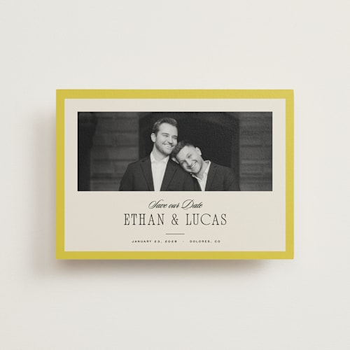 This is a citron save the date postcards with standard by Blustery August called mille-feuille printing on signature in postcard