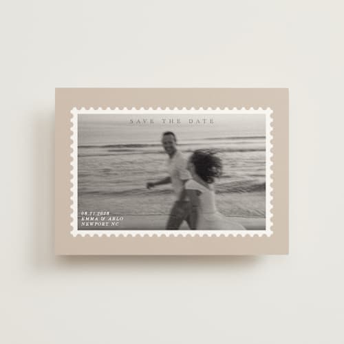 This is a taupe save the date postcards with standard by Claire called stamp printing on signature in postcard