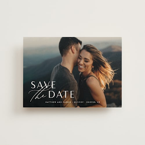 This is a pearl save the date postcards with standard by Jennifer Postorino called eloquent printing on signature in postcard