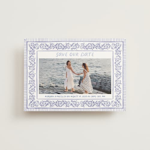 This is a cerulean save the date postcards with standard by Jenna Holcomb called provincial printing on signature in postcard