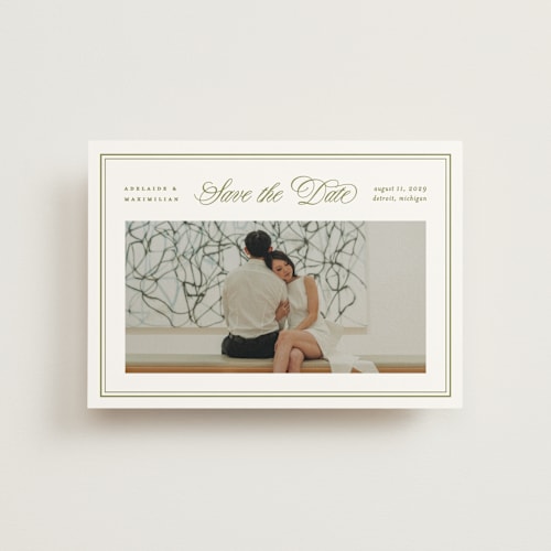 This is a olive save the date postcards with standard by Ellen Schlegelmilch called museo printing on signature in postcard