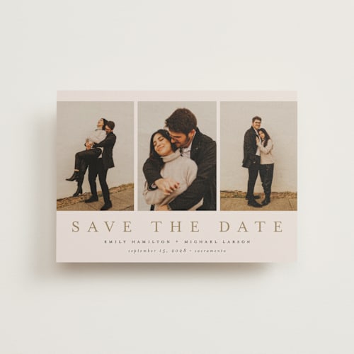 This is a sand save the date postcards with standard by Nicole Walsh called elegant trio printing on signature in postcard