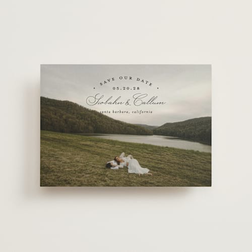 This is a onyx save the date postcards with standard by Erica Krystek called arched type printing on signature in postcard
