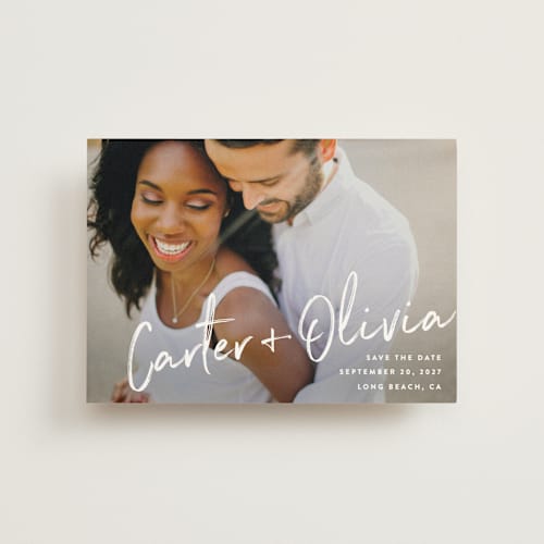 This is a pearl save the date postcards with standard by Owl and Toad called signature printing on signature in postcard