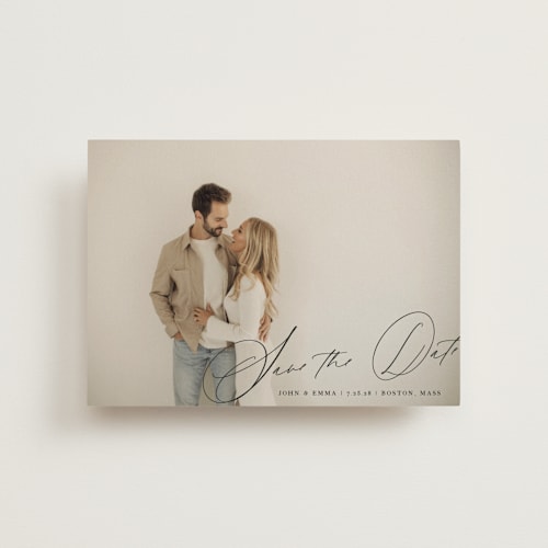 This is a inked save the date postcards with standard by Design Lotus called symphony us printing on signature in postcard