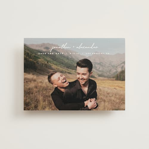 This is a cloud save the date postcards with standard by JoAnn Jinks called inked printing on signature in postcard