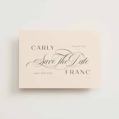 This is a blush save the date postcards with standard by Lori Wemple called soiree printing on signature in postcard