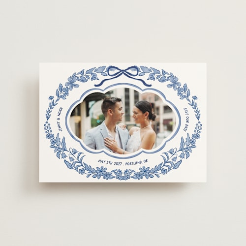 This is a porcelain save the date postcards with standard by Elly called charm printing on signature in postcard