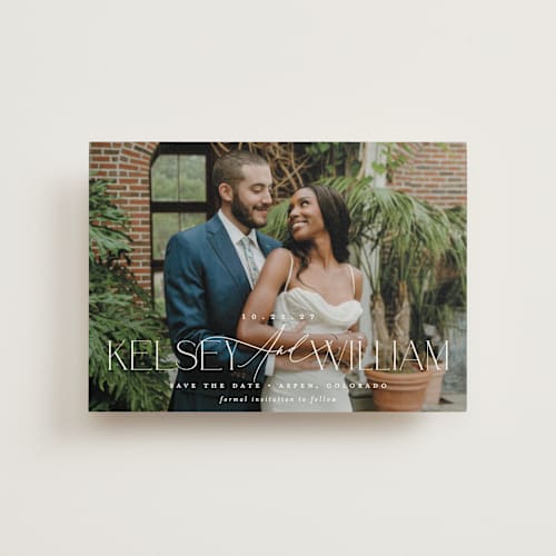 This is a pearl save the date postcards with standard by Brooke Chandler called l'amour printing on signature in postcard