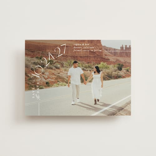 This is a pearl save the date postcards with standard by Brooke Chandler called curved date printing on signature in postcard