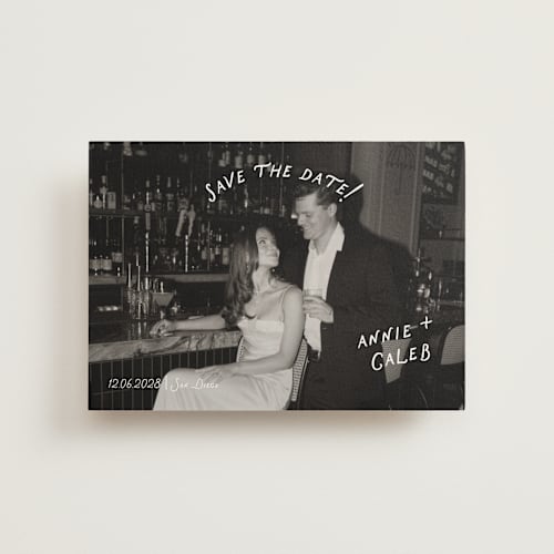 This is a ivory save the date postcards with standard by Stephanie Heinrich Godbout called lovers printing on signature in postcard