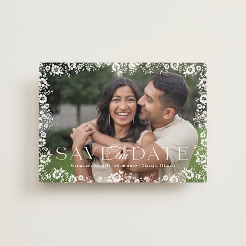 This is a snow save the date postcards with standard by Angela Marzuki called meander printing on signature in postcard