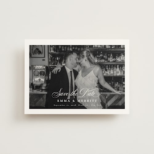 This is a ivory save the date postcards with standard by Benita Crandall called the classic printing on signature in postcard