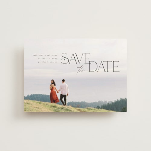 This is a galaxy save the date postcards with standard by Orasie called hand in hand printing on signature in postcard