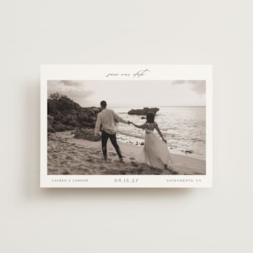 This is a pearl save the date postcards with standard by Nicole Walsh called pano printing on signature in postcard