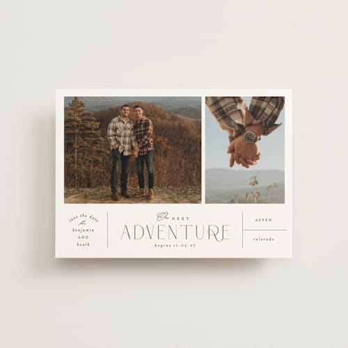This is a mountain save the date postcards with standard by Corinne Malesic called the next adventure printing on signature in postcard