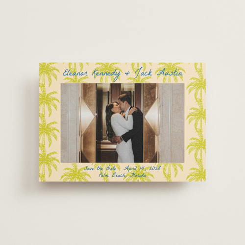 This is a limon save the date postcards with standard by Megan Davis called palm beach printing on signature in postcard