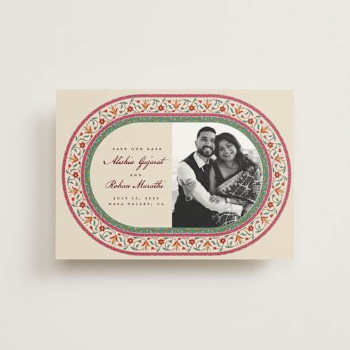This is a ivory save the date postcards with standard by Sherley Ferreira called mughal gardens printing on signature in postcard