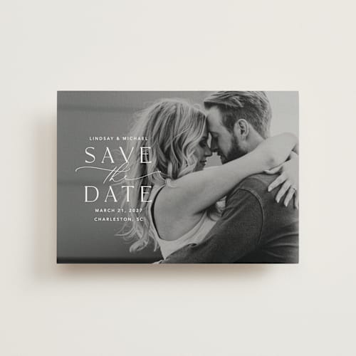 This is a pearl save the date postcards with standard by Jennifer Postorino called so this is love printing on signature in postcard