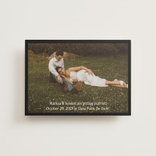 This is a coal save the date postcards with standard by Becky Nimoy called black border printing on signature in postcard