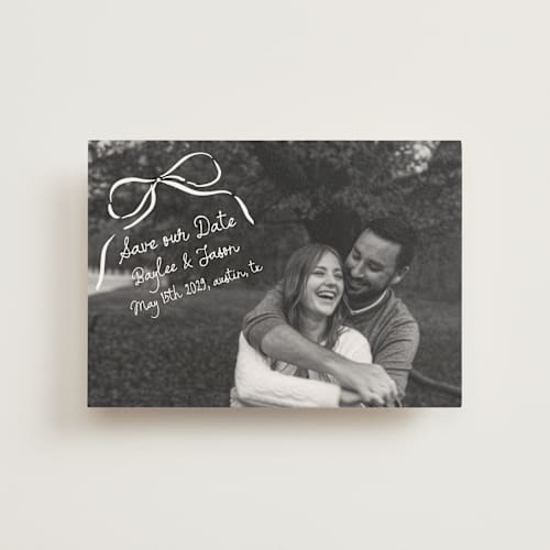 This is a pearl save the date postcards with standard by Jelena Vuletic called inkwoven printing on signature in postcard