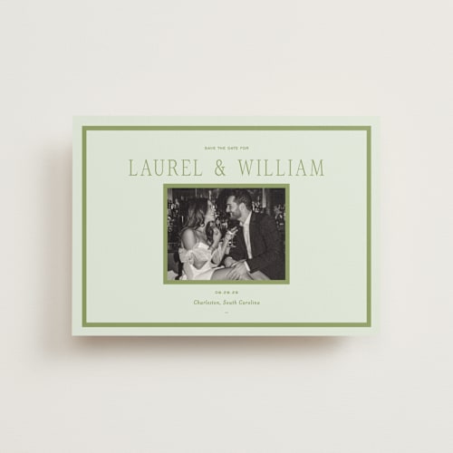 This is a forest save the date postcards with standard by Sara Hicks Malone called dewberry printing on signature in postcard