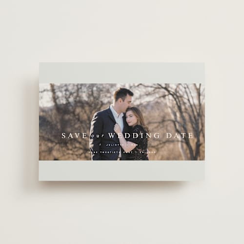 This is a crystal save the date postcards with standard by Design Lotus called french love story printing on signature in postcard