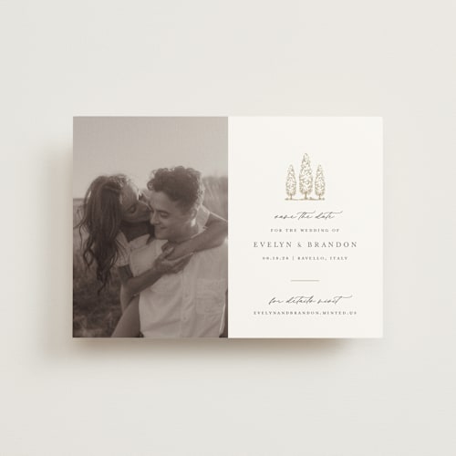 This is a champagne save the date postcards with standard by Sarah Brown called arborvitae printing on signature in postcard