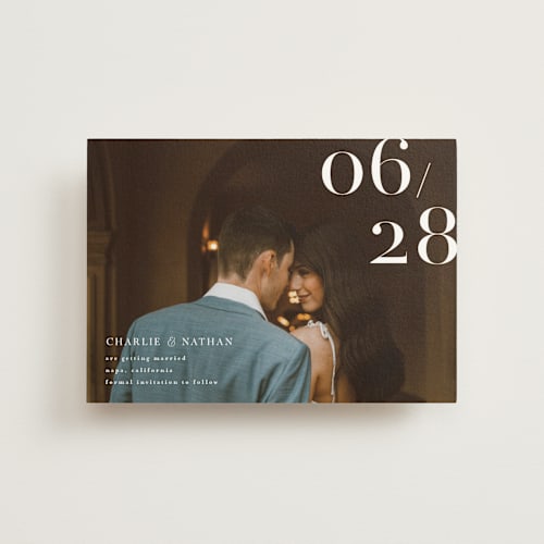 This is a pearl save the date postcards with standard by Shannon Chen of Four Wet Feet Studio called our big date printing on signature in postcard