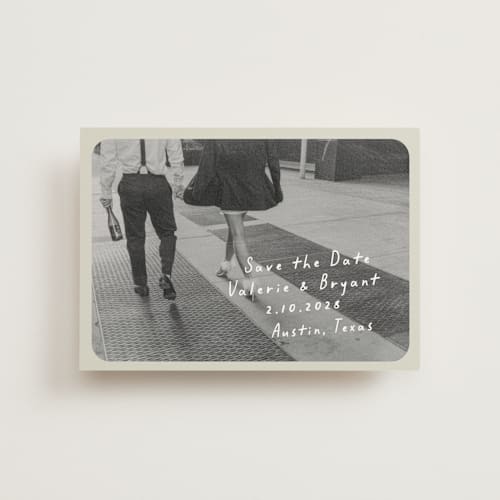 This is a toasted marshmallow save the date postcards with standard by Anna Elder called film printing on signature in postcard