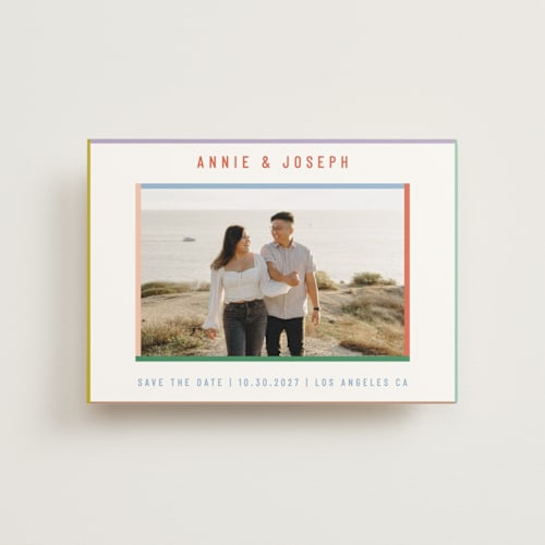 This is a candy save the date postcards with standard by Kelly Watkins called color frame printing on signature in postcard