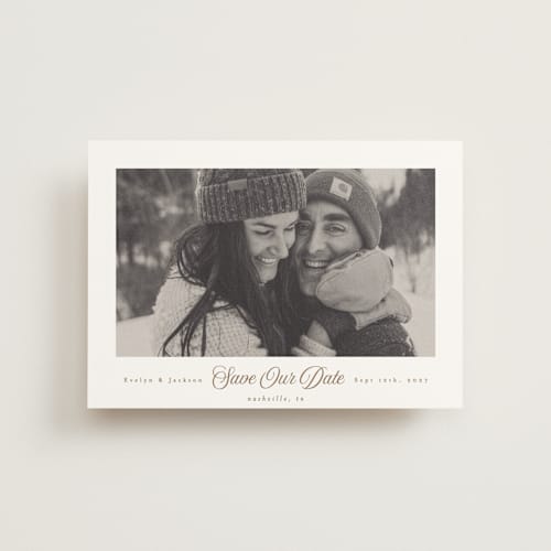 This is a snow save the date postcards with standard by Angela Garrick called sweet printing on signature in postcard