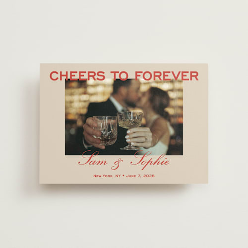 This is a tomato save the date postcards with standard by Sydney Kay called bold cheers printing on signature in postcard