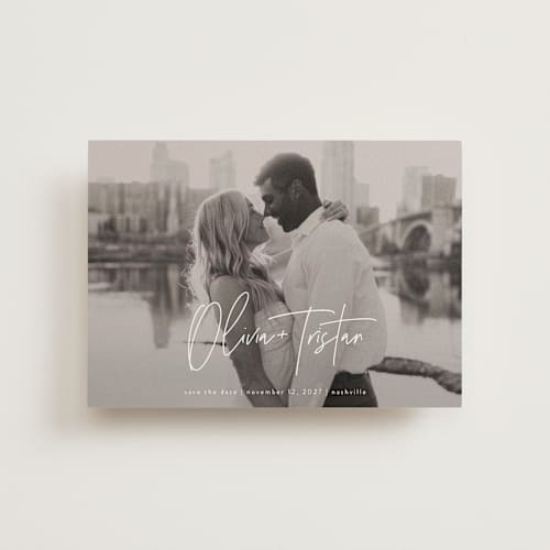 This is a pearl save the date postcards with standard by Jessica Williams called signature pair printing on signature in postcard