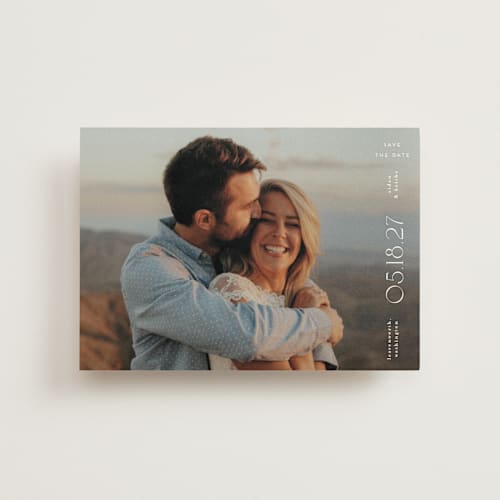 This is a diamond save the date postcards with standard by chocomocacino called souffletine printing on signature in postcard