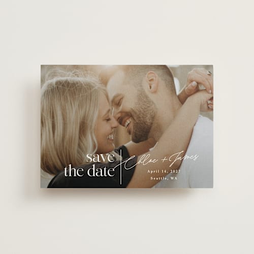 This is a pearl save the date postcards with standard by Alethea and Ruth called simple detail stacks printing on signature in postcard