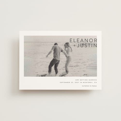 This is a blanc save the date postcards with standard by Erin Deegan called enbolden printing on signature in postcard
