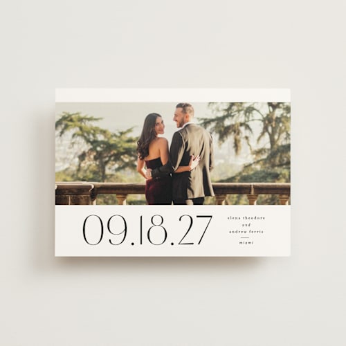 This is a tux save the date postcards with standard by Lea Delaveris called heights printing on signature in postcard