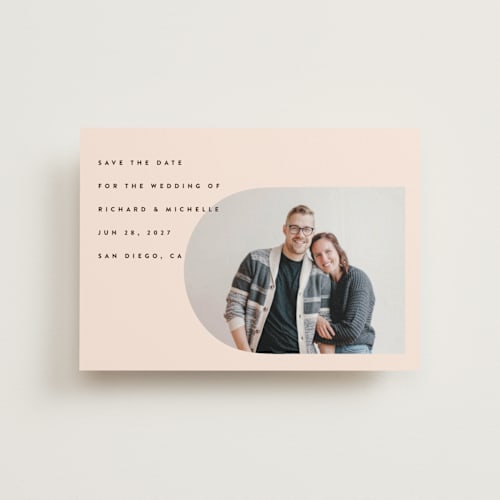 This is a blush save the date postcards with standard by Katie Zimpel called minimalist pop printing on signature in postcard