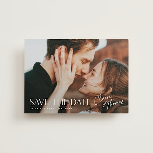 This is a cloud save the date postcards with standard by Carolyn MacLaren called cover printing on signature in postcard