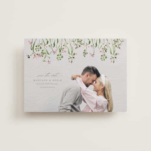 This is a petunia save the date postcards with standard by Claudia Orengo called growing together printing on signature in postcard