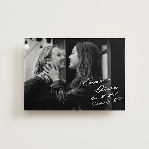 This is a white dress save the date postcards with standard by Kim Dietrich Elam called vintage signed printing on signature in postcard