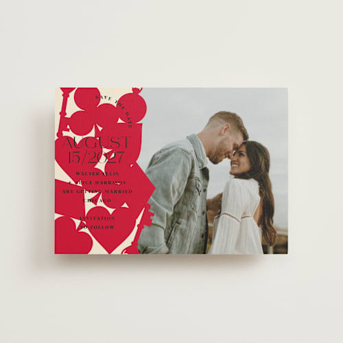 This is a ruby save the date postcards with standard by Baumbirdy called pair of hearts from disney's alice in wonderland printing on signature in postcard